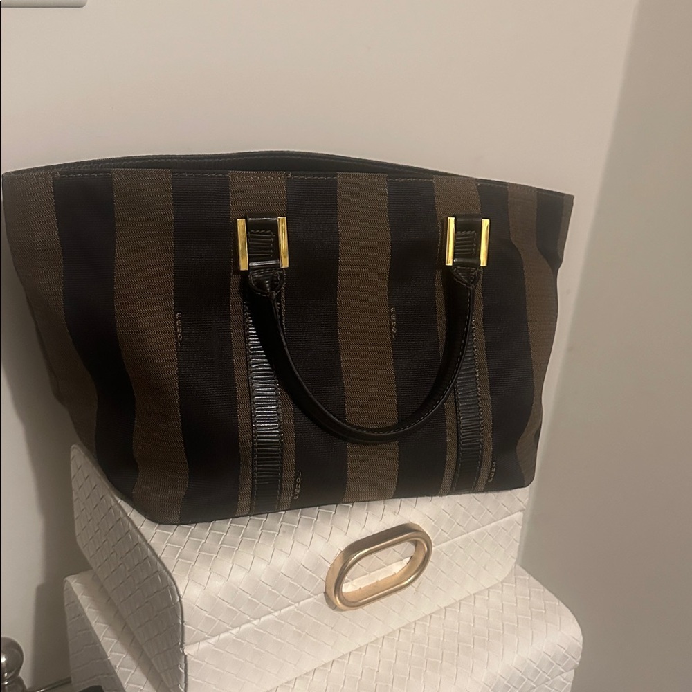 Fendi Black and Brown Stripe Tote Bag Vintage Pequin Late 1980s-Early 1990s